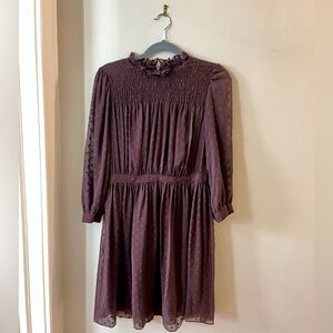 NWT Rebecca Taylor Clip-Dot Shirt Dress in Port with Polka-Dot Sheer Sleeves